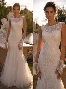 French Beaded Embroidery Light Wedding Dress, Ethereal Mori Style Mermaid Engagement Dress, High-End Shiny Splicing Party Net Splicing Zipper Embroidered Wedding Dress - White - View 1