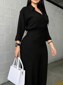 Women's Fashion Luxury Black Jumpsuit, Side Rivet Trim And Strap Details, Woven Fabric, Non-Stretch, Suitable For Casual Wear - Black - View 4