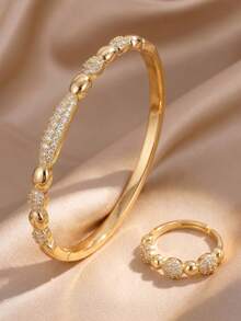 2Pcs Beaded Pave Zirconia Gold-Plated Bangle Ring Set For Women, Minimalist Round Bead Bracelet & Open Ring, Daily Wear Casual Outfit Jewelry Gift - Multicolor - View 4