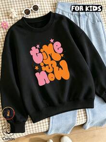 Girls Bubble Letter & Star Print Crew Neck Sweatshirt, Soft Long Sleeve Casual Kids Pullover Top - Black - View 1