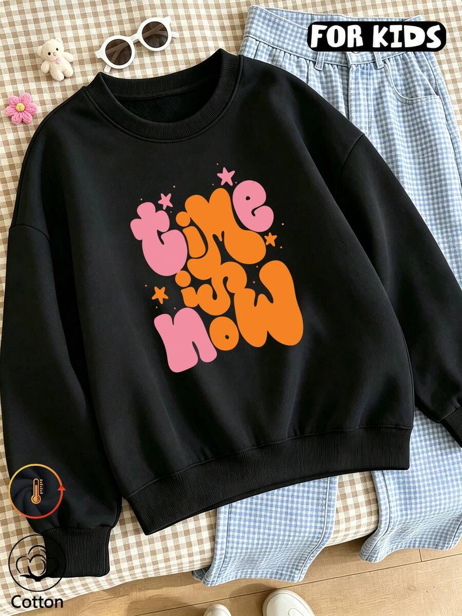 Girls Bubble Letter & Star Print Crew Neck Sweatshirt, Soft Long Sleeve Casual Kids Pullover Top - Black - View 1