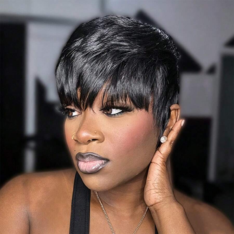 Short Straight Human Hair Wig 6inch 150% Density Wigs For Women Brazilian Remy Layered Hair Wig For Daily Wear Full Machine Made Wig 1B Color With 4# Color