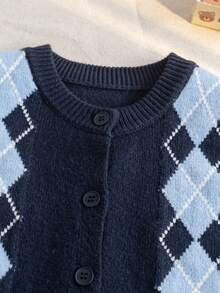 Boys' Preppy Argyle Jacquard Round Neck Button Long Sleeve Knit Cardigan Sweater, Contrast Color Pattern, Casual Versatile For Daily Wear, School, Spring, Autumn, Winter - Navy Blue - View 3