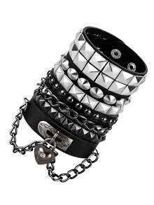 Unisex Multi-Pack Adjustable Pyramid Metal Decor & Heart Lock Star Print Gothic Punk Rock Faux Leather Alloy Bracelet Set All Season - Black - View 10
