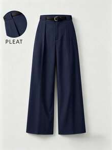 Mid-Waist Solid Color Elegant Straight Leg Pants With Belt Spring - Blue - View 1