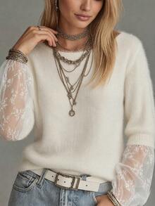 ii Women's Round Neck Contrast Lace Cuff Elegant Sweater - White - View 3