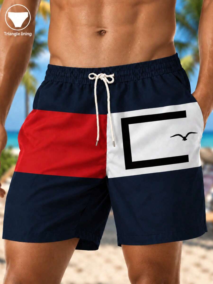 Men's Colorblock Print Drawstring Elastic Waist Slanted Pocket Mesh Lining Casual Vacation Beach Shorts