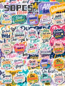 50Pcs PP German Inspirational Stickers, Colorful Journal Text Style, Including German Inspirational Phrases, Hearts, Gift Boxes, Lightning, Hand-Drawn Border Elements, For Journal Collage, Water Bottle, Notebook, Storage Box, DIY Craft Decor - Multicolor - View 8