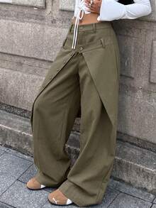 Women's Green Wide Leg Pants With Unique Wrap Button Hem Design For Modern Fashion Look - Olive Green - View 7