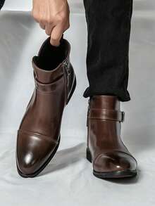 ZCZ Men Cap‑Toe Buckle Ankle Boots, Side Zip Pointed Toe Low Heel Vintage Business Casual Short Boots - Brown - View 2