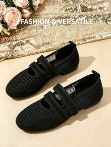 Women's Hollow Mesh Patchwork Mary Jane Shoes, Soft Sole Low-Top Design, Spring/Autumn Commuting Shopping Retro Casual Shoes - Black - View 1
