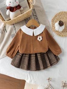 2pcs Set Atasan dan Rok Kerah Peter Pan Gaya Kuliah Lucu untuk Bayi Perempuan, Berat Sedang, Musim Semi/Gugur - Khaki - View 1