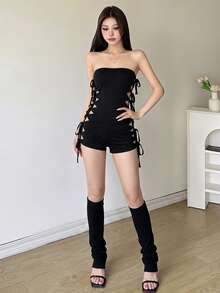Sleek Black Strapless Unitard For Women, Short Length Bodycon Jumpsuit In Polyester, Sleeveless Design With Stylish Side Cut-Outs For An Edgy Look - Black - View 1