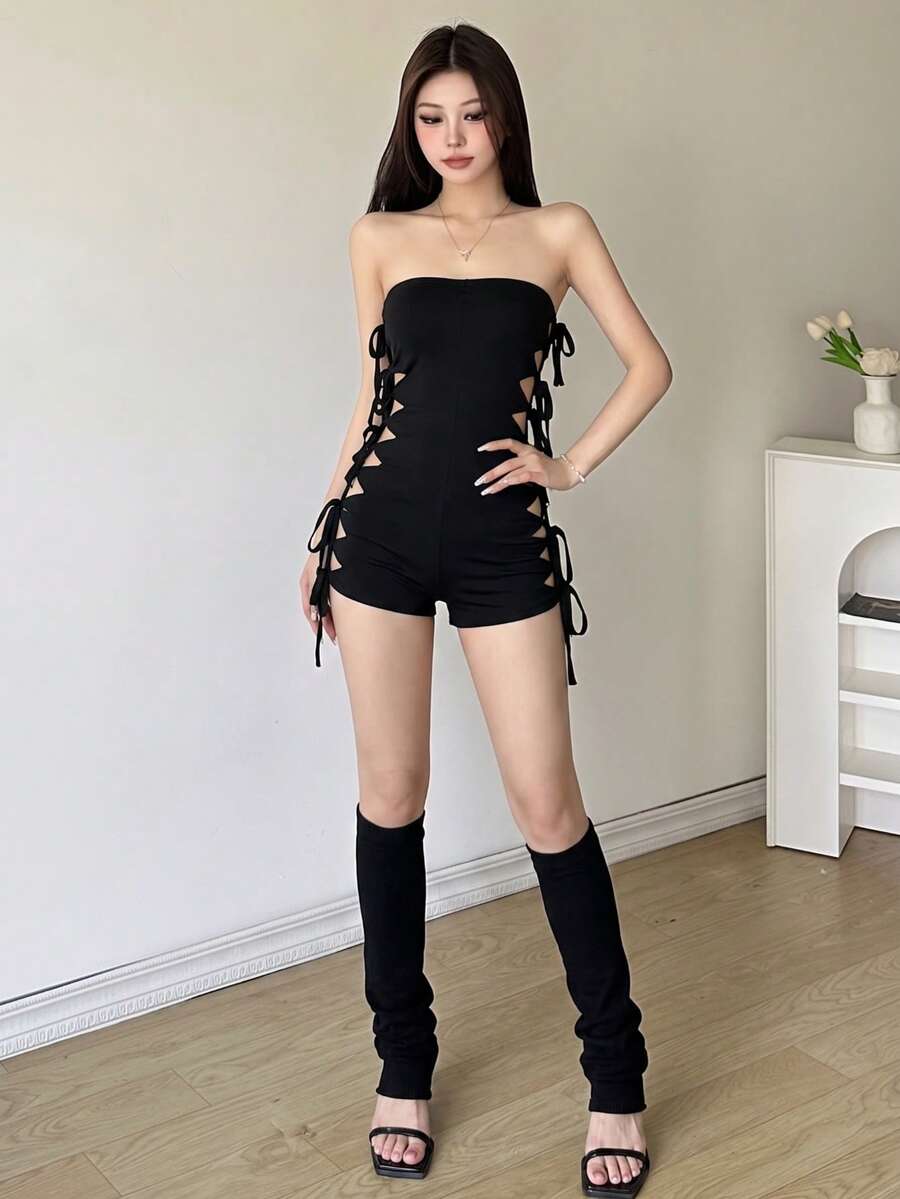 Sleek Black Strapless Unitard For Women, Short Length Bodycon Jumpsuit In Polyester, Sleeveless Design With Stylish Side Cut-Outs For An Edgy Look - Black - View 1