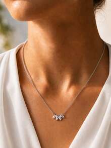 1 pieza Collar con colgante de círculo de cobre con circonia y moño, para uso diario y como regalo para mujeres - Plateado - Ver 4