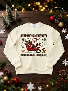 Men's Thick Christmas Crew Neck Sweatshirt, Santa Claus Sleigh Reindeer Snowflake Pattern Pullover, Vintage Style Casual Top - Multicolor - View 3
