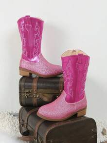Girls' Dreamy Rose Red Glitter Embroidery Princess Style Side Zipper Western Boots, Suitable For Shopping, Photos, Birthday - Hot Pink - View 6