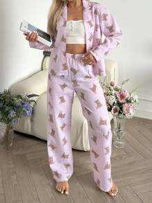 Nina Bonheur 2pcs Women Loose Cardigan Button Bear Print Long Sleeve + Elastic Waist Pants Pajama Set Cute Homewear - Pink - View 3