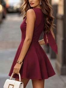 DONICY Women's Elegant White Asymmetric Neck Dress With Draped Sleeve Design, A-Line, Short Length, Casual Elegant Style, Suitable For Parties - Burgundy - View 2