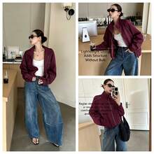 Jaket Wanita Musim Gugur Model Baru dengan Resleting dan Lengan Raglan - Burgundy - View 12