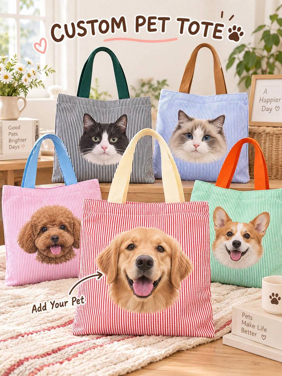 Personalized Pet Photo And Name Tote Bag, Large Capacity Shoulder Bag, Customizable Foldable Tote Bag With Name Logo Text, Multiple Colors Available, Solid Color Large Capacity Shoulder Bag, Suitable For Work - Multicolor - View 1