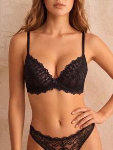 Women Lace Bra Push Up Underwire Bra Lace Patchwork Brasier De Mujer See Through Style Without Padding Backless Cami Black Lingerie Adjustable Straps - Black - View 4