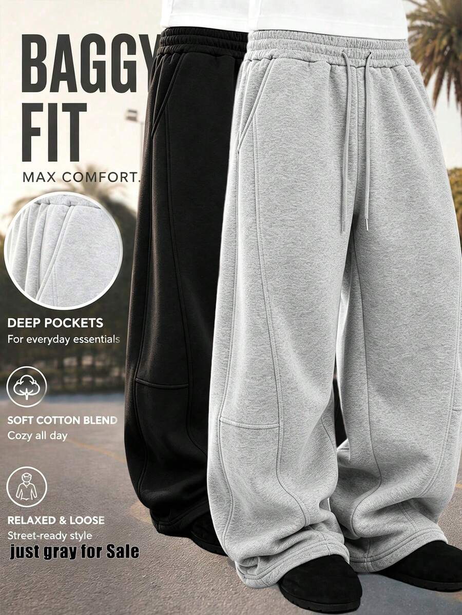 Men's Loose Wide Leg Pants, Men's Sports Long Pants, Solid Color Design With Drawstring Detail, Long Casual Style Sweatpants, Polyester Fabric, Suitable For Daily Shopping, Sports And Other Occasions, Versatile Item For Autumn/Winter - Light Grey - View 1