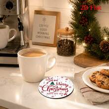Christmas Minimalist Artistic Text Design Wooden Coaster Set, Round Printed Heat-Insulating Pads, Holiday Table Setting, Winter Atmosphere Desktop Decor, Home Tabletop Decoration, Exquisite Gift Box Holiday Small Gift - Wooden Coaster/LDX325 - View 6