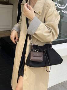 Women Color Block Drawstring Tote Crossbody Bag,Detachable Mini Coin Purse,Adjustable Strap,Large Capacity,Casual Preppy For Daily Commute Shopping - Black - View 6
