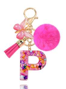 1pc Pink Letter Keychain, Initial Letter Car Key Chain Pendant, Cute Butterfly Tassel Fur Ball Charm For Girls Bag Key Ring Accessory, Halloween Gift Decoration, Suitable For Decorating Handbags, Wallets, Backpacks, Valentine's Day, Bachelorette Party Gift - Hot Pink - View 20