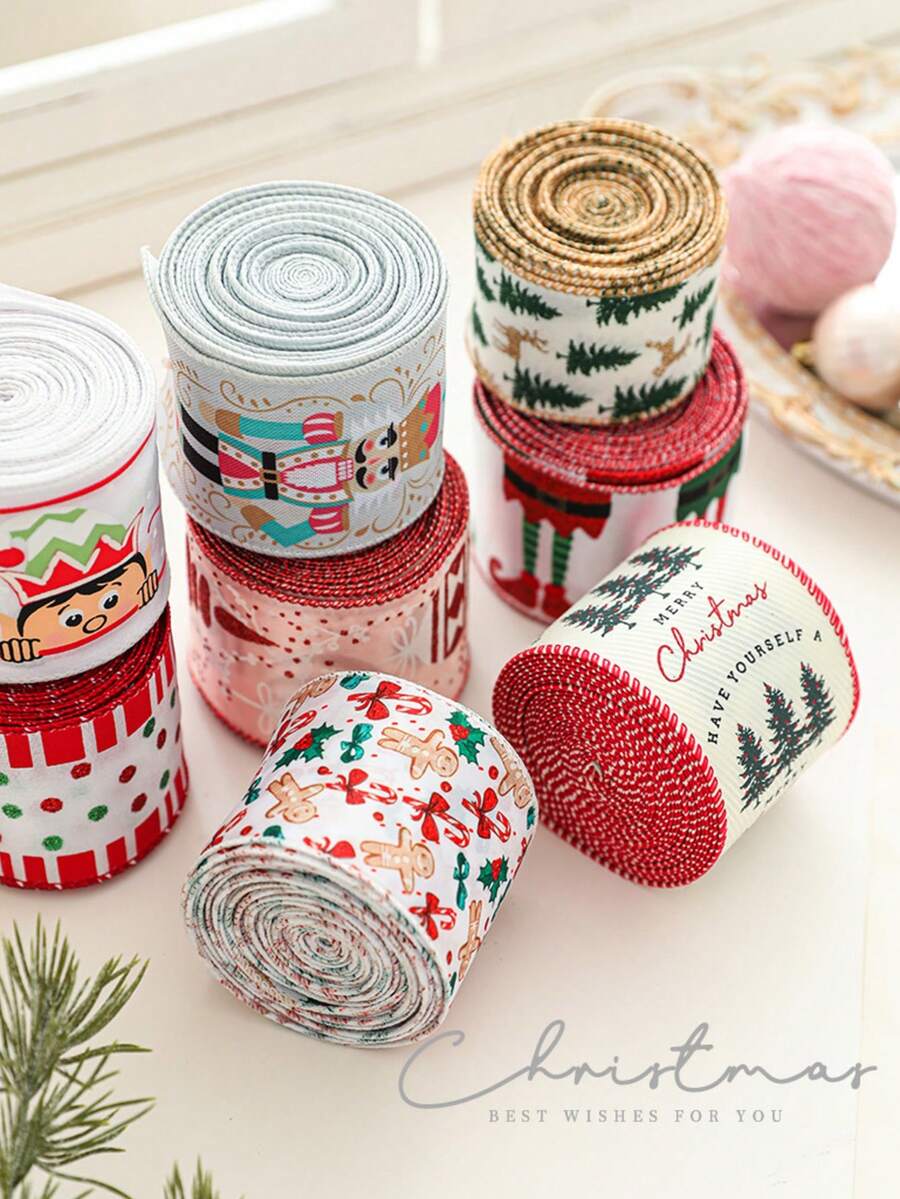 1pc Christmas Decoration Ribbon With Cedar Pattern Print, Bowknot Binding Ribbon, Christmas Decor Satin Ribbon, Holiday Colorful Ribbon - Multicolor - View 1