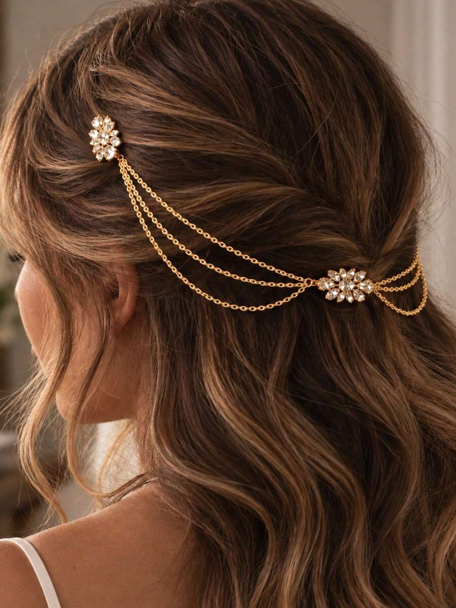 STONEFANS 1pc Multi-Layer Hair Chain Niche Design Luxury Rhinestone Water Drop Hair Accessory Elegant Bridal Evening Party Updo Hair Ornament - Multicolor - View 1