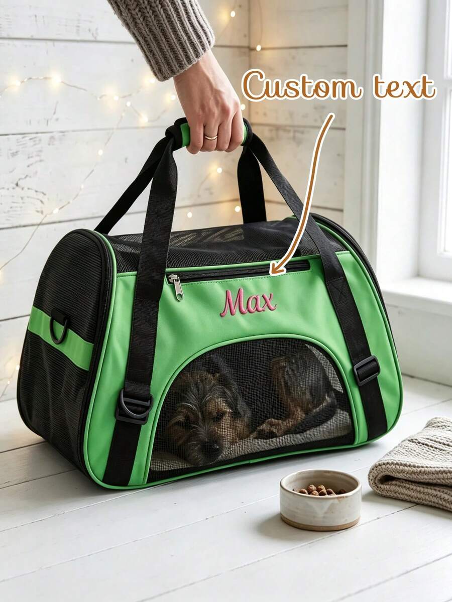 Custom Embroidered Name Pet Carrier Bag, Breathable Mesh Portable Travel Handbag, Outdoor Carry Tote For Small Dogs & Cats - 1 Set - View 1