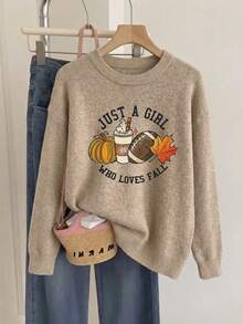 Pull en maille kaki col rond manches longues motif boisson citrouille pour femme grande taille, mode automne 2026, style décontracté, Thanksgiving, Fallfashion, Falloutfits, Falldealsforyou, vêtements d'automne grande taille, tenue d'automne pour femme, tenues d'automne grande taille - Cendre - Voir 1