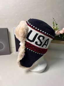 1pc Men's Thick Fleece Lined Ushanka Hat, Star-Spangled Banner Plush Earflap Hat, Suitable For Outdoor Skiing And Mountaineering - Star Letters - View 8