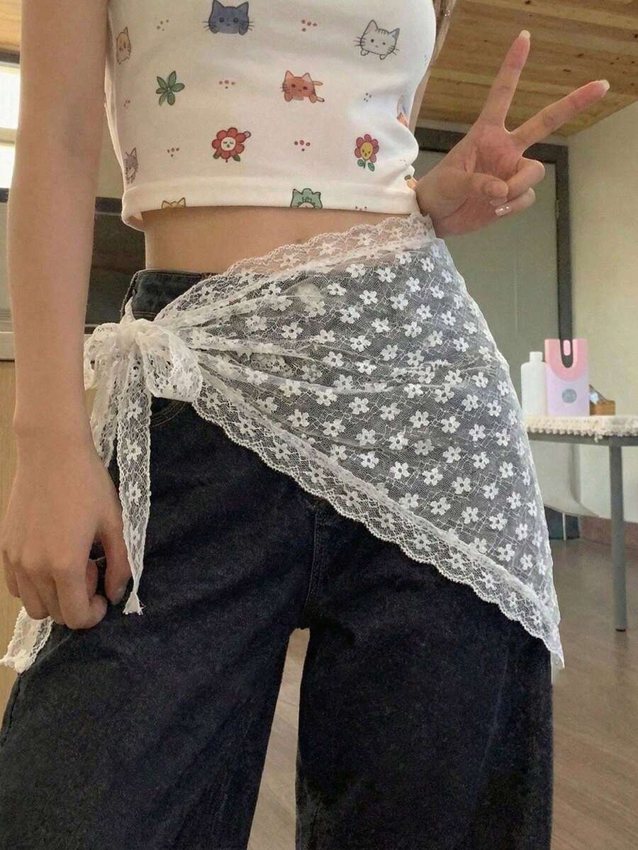 1pc Lace Floral Triangle Waist Belt, Suitable For Wearing With Pants, Can Also Be Used As A Headscarf, Applicable To Various Fashion Styles - Multicolor - View 1