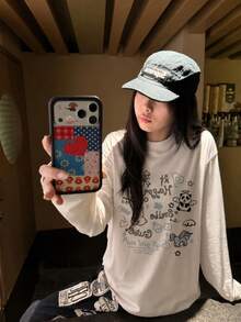 Cute Sweet Cartoon Fun Print T-Shirt Women, Loose Fit, Pure Cotton Round Neck Autumn Long Sleeve Base Layer - White - View 4