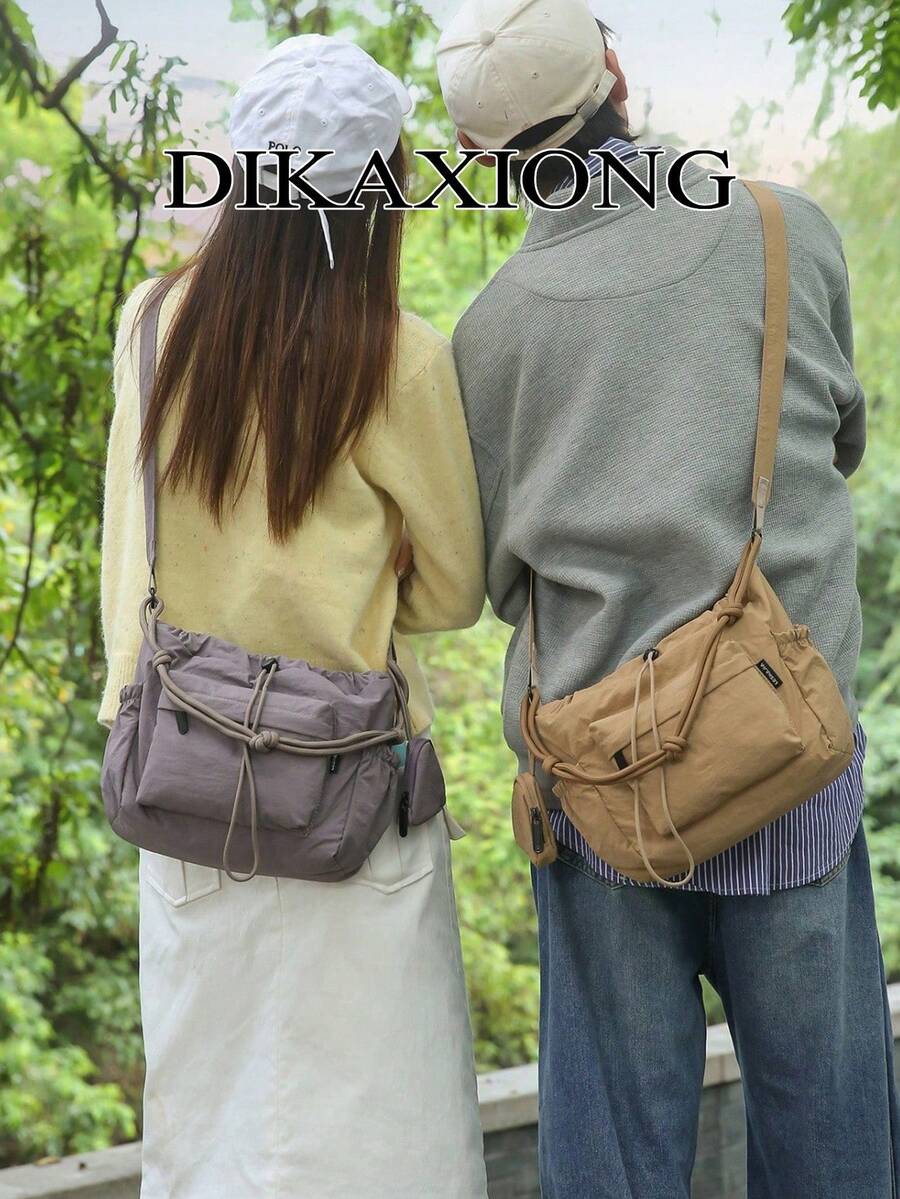 Japanese Style Black Drawstring Crossbody Bag, Multi-Pocket Slouchy Nylon Shoulder Sling With Mini Pouch Adjustable Strap For Daily School Street - Multicolor - View 1