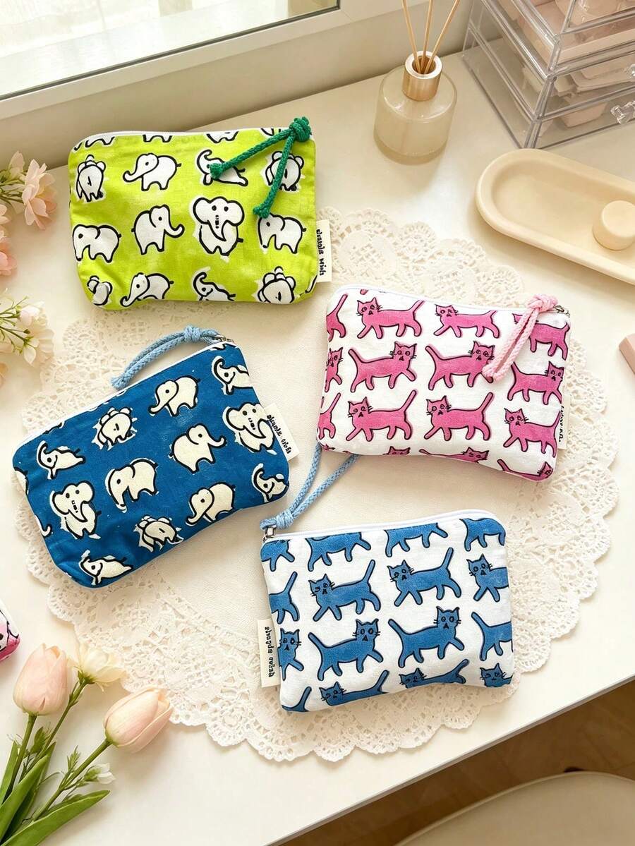 Tas Kosmetik Katun Motif Hewan Lucu, Dompet Resleting Motif Gajah dan Kucing, Dompet Koin Kecil, Tas Penyimpanan Lipstik, Earphone, dan Perhiasan, Tas Kosmetik Mini - MultiWarna - View 1