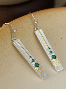 YOYO Women's Long Earrings, Vertical Line Design With Green Cubic Zirconia, Suitable For Daily Commute Ear Drops - Silver - View 5