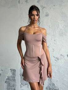 Autumn Waist Sheer Ruffle Hem Dress Women Elegant Dress - Khaki - View 2