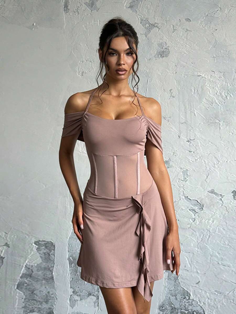 Autumn Waist Sheer Ruffle Hem Dress Women Elegant Dress