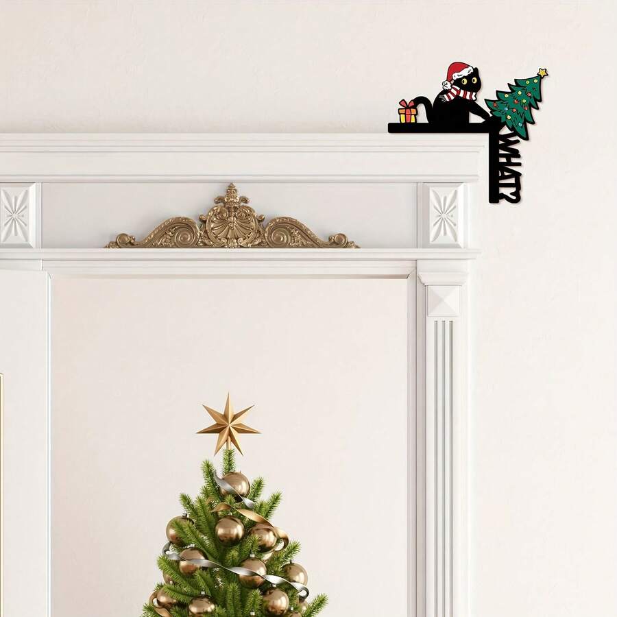 2D Felt Christmas Door Frame Hanger, Black Cat With Santa Hat, Xmas Tree, Gift Box, Candy Cane And Stocking, Holiday Door Corner Decor For Home, Party & Room Decoration - Multicolor - View 1
