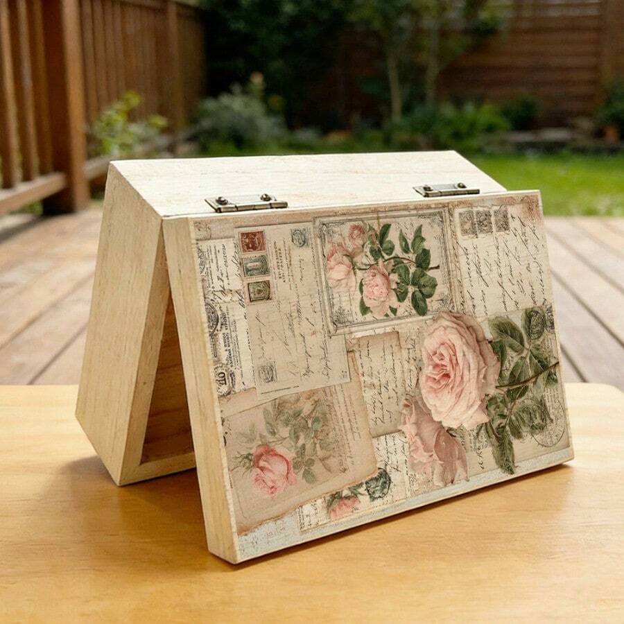 1pc Wooden Storage Box, Gift Storage Box With Vintage Rose And Old Font Illustration, Small Jewelry Organizer Box, Keepsake Box For Jewelry Collection, Desk Organization, Keepsake Storage, Rustic Home Decor - Multicolor - View 1