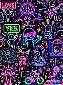 50Pcs Glowing World Of Little People Stickers, Black Background Neon Fluorescent Texture, Fun Patterns Of Glowing Little People, Guitars And Bicycles, For Laptop, Helmet, Pencil Case, Suitcase, Locker, Photo Album, Guitar, E-Bike Shell Decor - Multicolor - View 9