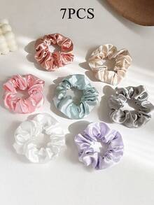1pc/3pcs/5pcs/7pc Solid Color Crystal Satin Scrunchies, Daily Low Ponytail Hair Ties - Multicolor - View 9