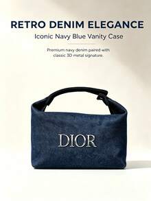 Dior Navy Blue Jacquard Handheld Cosmetic Bag, Vintage Dark Pattern Woven Fabric Tote Storage Bag, Large Capacity Toiletry Bag, Portable Makeup Organizer - Navy Blue - View 1