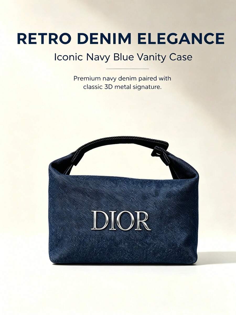 Dior Navy Blue Jacquard Handheld Cosmetic Bag, Vintage Dark Pattern Woven Fabric Tote Storage Bag, Large Capacity Toiletry Bag, Portable Makeup Organizer - Navy Blue - View 1