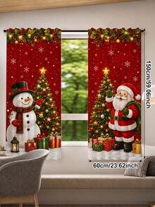 2 Pcs Gorden Liburan Natal, Gorden Motif Cetak Kartun Sinterklas Merah & Manusia Salju Natal, Dekorasi Jendela Semi Transparan Hangat untuk Hari Raya dengan Kantong Batang, Cocok untuk Ruang Tamu dan Kamar Tidur, Batang Tidak Termasuk, Dapat Dicuci Mesin - MultiWarna - View 12