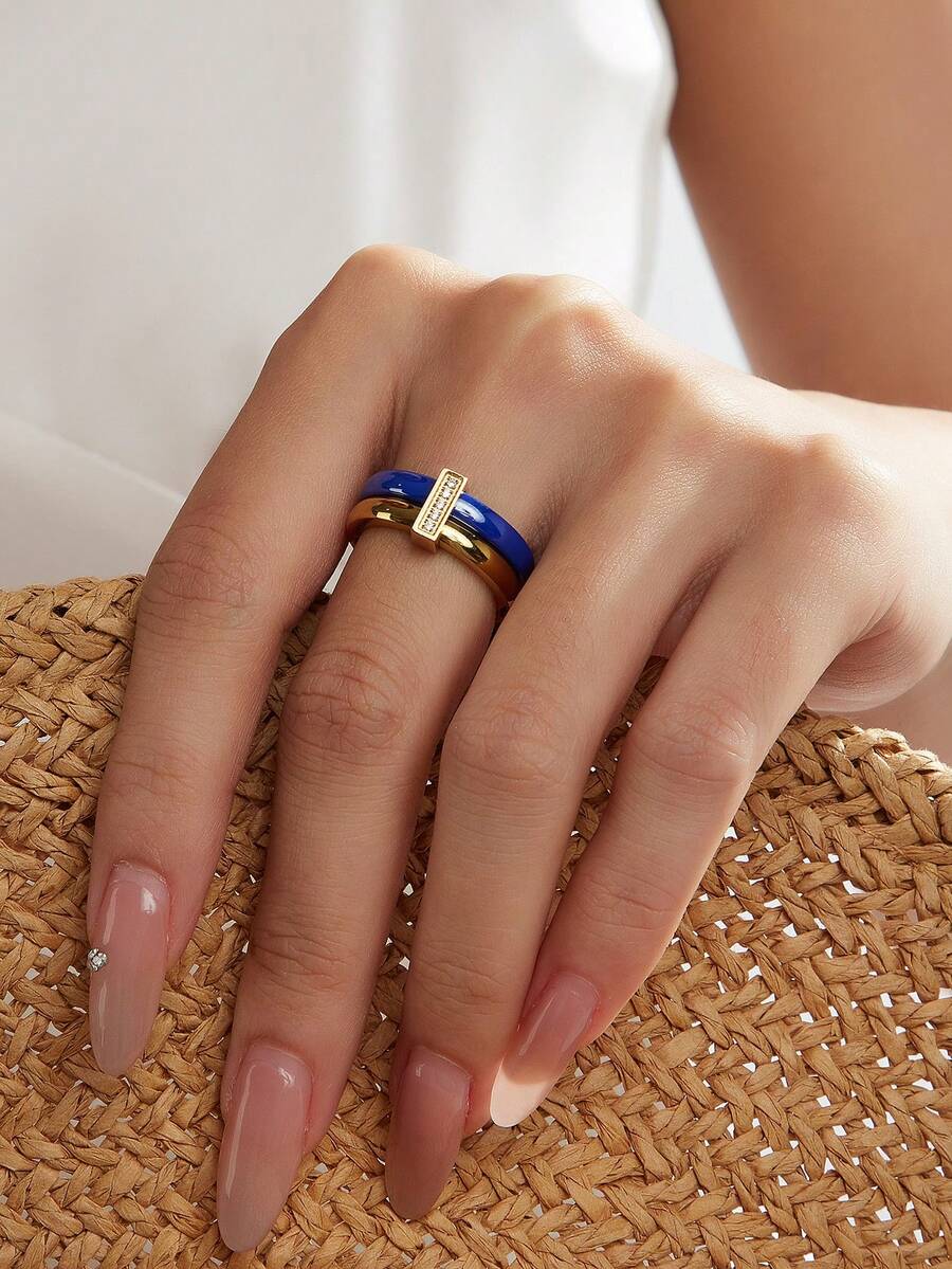 1pc 18K Gold Plated Exquisite Stainless Steel Ceramic Cubic Zirconia Ring, Women's Jewelry, Wedding Party Date Gift - Blue and Gold - View 1